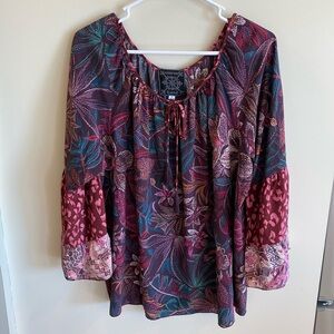 Johnny Was Multicolor Floral Peasant Blouse - Burgundy, Teal, Pink